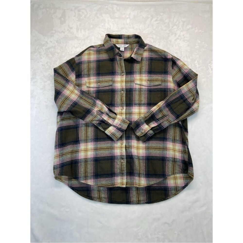 Old Navy Flannel Shirt Womens Large Olive Green Pink Plaid Oversized Boyfriend L